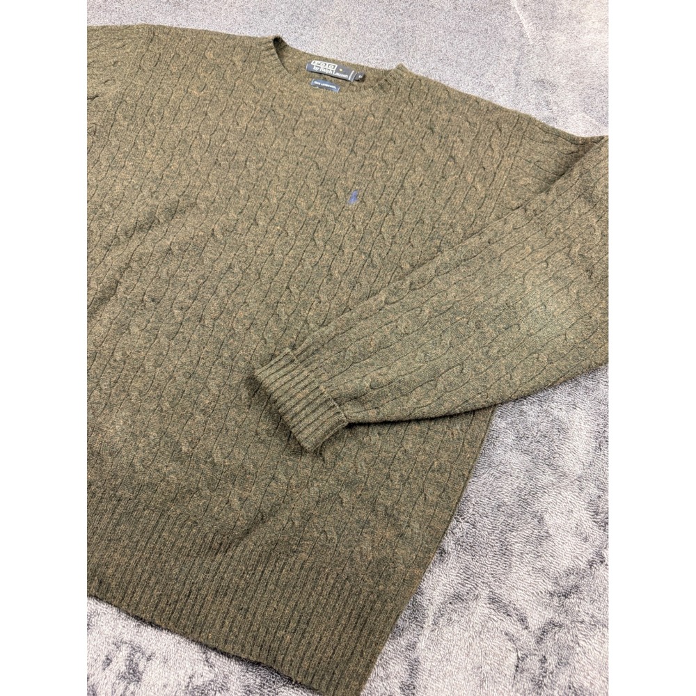 Polo Ralph Lauren Cable Knit Sweater Mens Large Green 100% Lambswool Crewneck - Picture 1 of 7